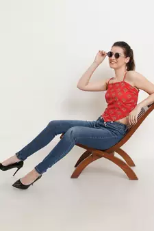 Popwings Women Casual Red Bagru Block Print Cotton Crop Top