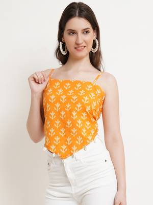 Popwings Women Casual Yellow Bagru Block Print Cotton Crop Top 1