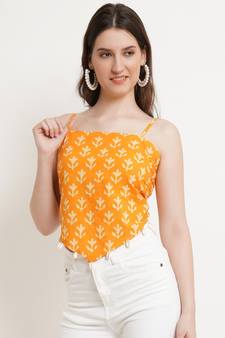 Popwings Women Casual Yellow Bagru Block Print Cotton Crop Top