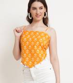 Popwings Women Casual Yellow Bagru Block Print Cotton Crop Top