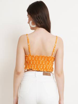 Popwings Women Casual Yellow Bagru Block Print Cotton Crop Top 2