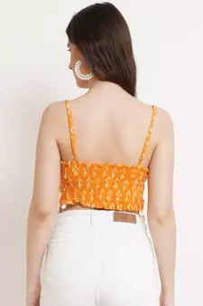 Popwings Women Casual Yellow Bagru Block Print Cotton Crop Top