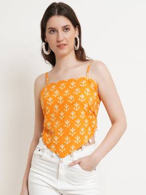 Popwings Women Casual Yellow Bagru Block Print Cotton Crop Top 3