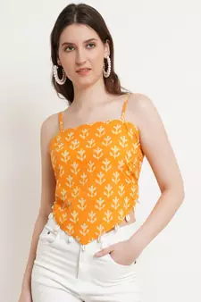 Popwings Women Casual Yellow Bagru Block Print Cotton Crop Top