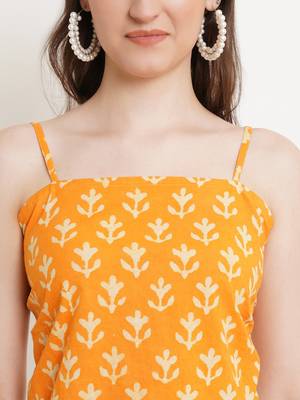 Popwings Women Casual Yellow Bagru Block Print Cotton Crop Top 4