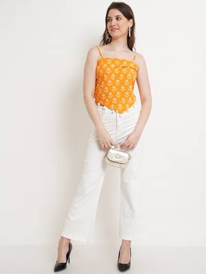 Popwings Women Casual Yellow Bagru Block Print Cotton Crop Top 5