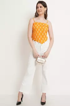 Popwings Women Casual Yellow Bagru Block Print Cotton Crop Top
