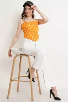Popwings Women Casual Yellow Bagru Block Print Cotton Crop Top