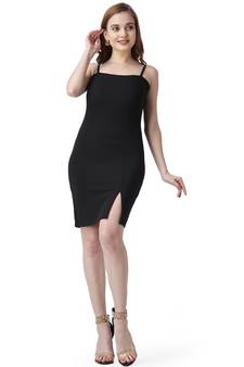 Popwings Women Casual Black Solid Bodycon Front Slit Mini Noodle Strap Dress