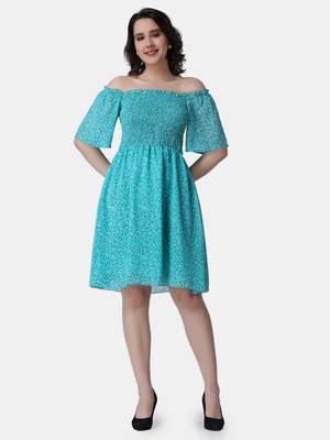Popwings Women Georgette Torquoise Blue Floral Print Knee Length Flare Smocking Dress 1