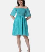 Popwings Women Georgette Torquoise Blue Floral Print Knee Length Flare Smocking Dress