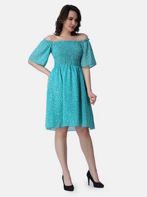 Popwings Women Georgette Torquoise Blue Floral Print Knee Length Flare Smocking Dress 2
