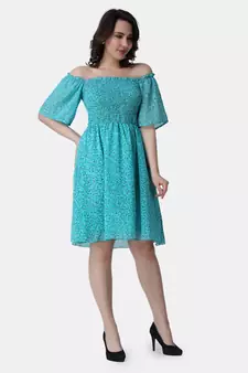 Popwings Women Georgette Torquoise Blue Floral Print Knee Length Flare Smocking Dress