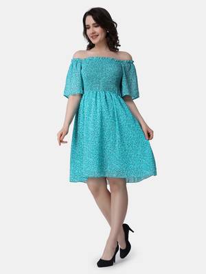 Popwings Women Georgette Torquoise Blue Floral Print Knee Length Flare Smocking Dress 3