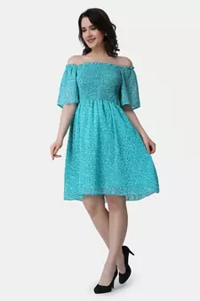 Popwings Women Georgette Torquoise Blue Floral Print Knee Length Flare Smocking Dress
