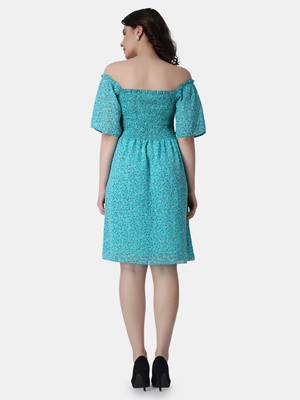 Popwings Women Georgette Torquoise Blue Floral Print Knee Length Flare Smocking Dress 4