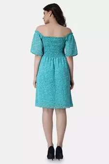 Popwings Women Georgette Torquoise Blue Floral Print Knee Length Flare Smocking Dress