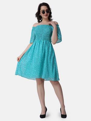 Popwings Women Georgette Torquoise Blue Floral Print Knee Length Flare Smocking Dress 6