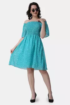 Popwings Women Georgette Torquoise Blue Floral Print Knee Length Flare Smocking Dress
