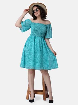 Popwings Women Georgette Torquoise Blue Floral Print Knee Length Flare Smocking Dress 7