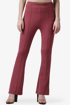 Regular Fit Onion Pink Solid Midrise Women Trouser