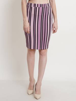 Popwings Women Lavender-Colored  Black Striped Pencil Knee-Length Skirt 1