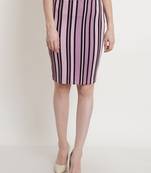 Popwings Women Lavender-Colored  Black Striped Pencil Knee-Length Skirt