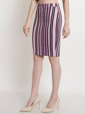 Popwings Women Lavender-Colored  Black Striped Pencil Knee-Length Skirt 2