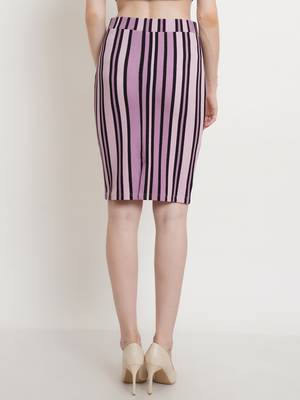 Popwings Women Lavender-Colored  Black Striped Pencil Knee-Length Skirt 3