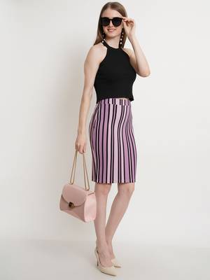 Popwings Women Lavender-Colored  Black Striped Pencil Knee-Length Skirt 5