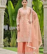 Orange Color Part Wear Salwar Suit In Net Fabric With Embroidery As