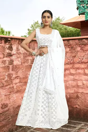 Trendmalls White Georgette Sequence Embroidery Work Wedding, Party Wear Semi-stitched Latest LehengaCholi With Dupatta
