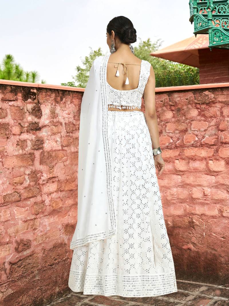 Trendmalls White Georgette Sequence Embroidery Work Wedding, Party Wear Semi-stitched Latest LehengaCholi With Dupatta