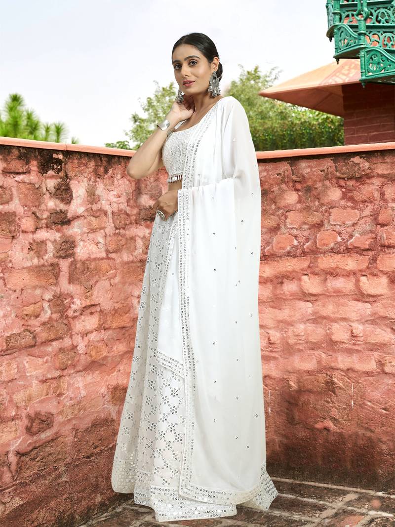 Trendmalls White Georgette Sequence Embroidery Work Wedding, Party Wear Semi-stitched Latest LehengaCholi With Dupatta