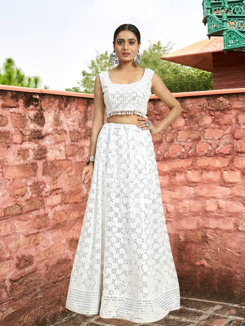 Trendmalls White Georgette Sequence Embroidery Work Wedding, Party Wear Semi-stitched Latest LehengaCholi With Dupatta