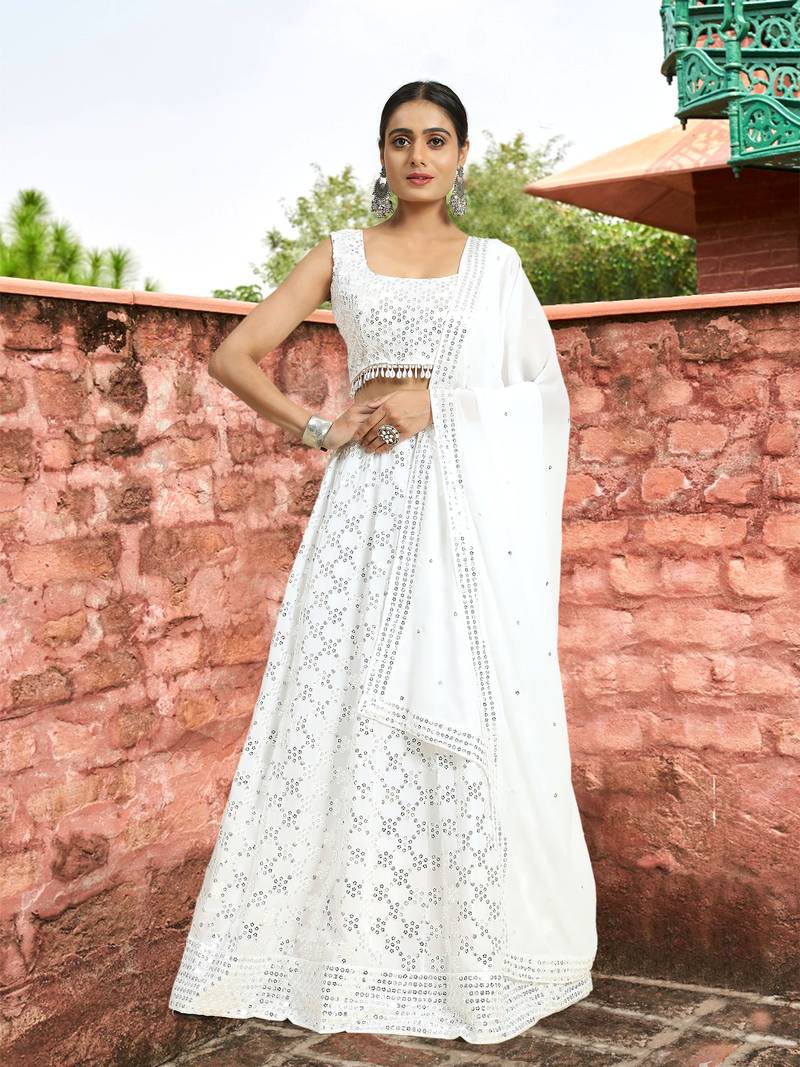 Trendmalls White Georgette Sequence Embroidery Work Wedding, Party Wear Semi-stitched Latest LehengaCholi With Dupatta
