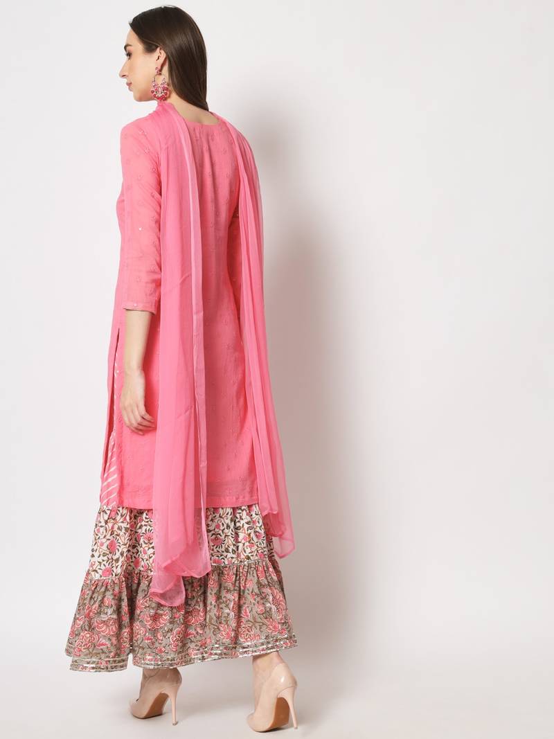Shades of Pink Short Kurti With Printed Sharara and Chiffon Dupatta