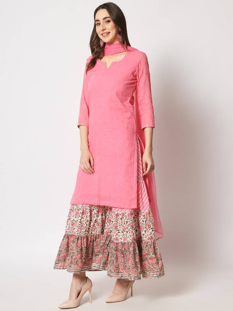 Shades of Pink Short Kurti With Printed Sharara and Chiffon Dupatta