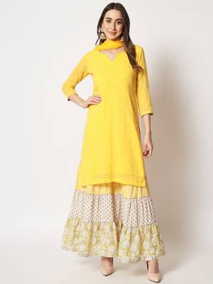 Shades of Yellow Short Kurti With Printed Sharara and Chiffon Dupatta 5