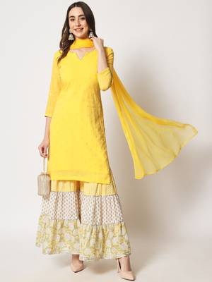 Shades of Yellow Short Kurti With Printed Sharara and Chiffon Dupatta 1