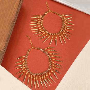 Statement Design Gold Plated Pearl Studded with Triangle Fringes hanging Toe Anklet for Girls and Women 5