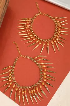 Statement Design Gold Plated Pearl Studded with Triangle Fringes hanging Toe Anklet for Girls and Women