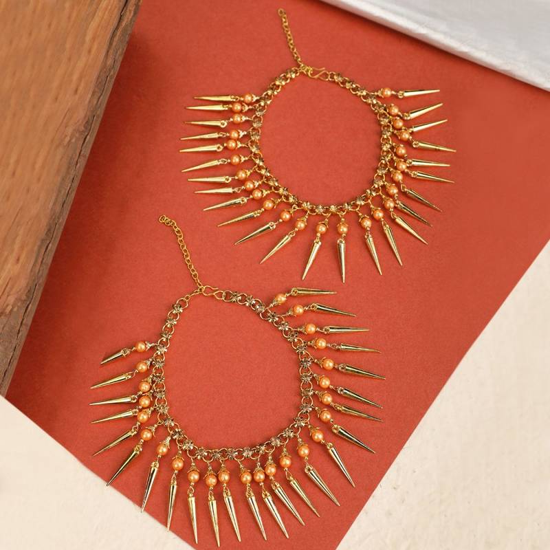 Statement Design Gold Plated Pearl Studded with Triangle Fringes hanging Toe Anklet for Girls and Women