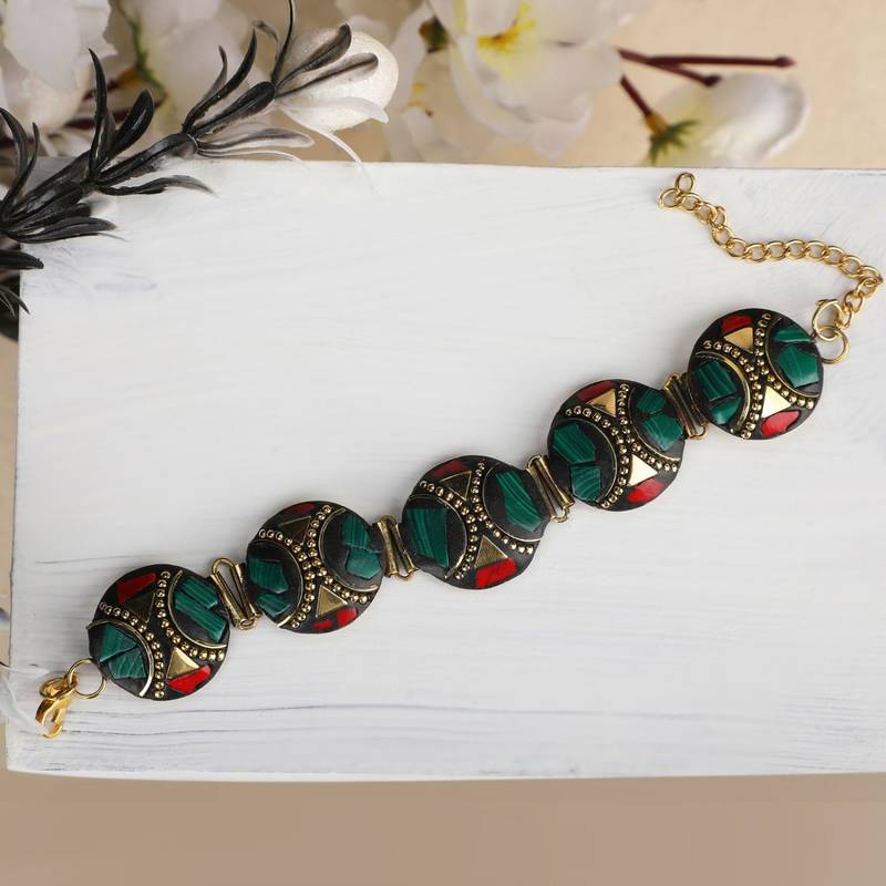 Statement Gold plated Round Shaped Multicolor Chips Studded Lobster Lock Bracelet for Girls and Women