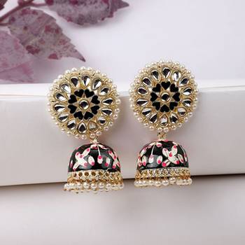 Enameled Black color Pearl studded Jhumka Earring 3