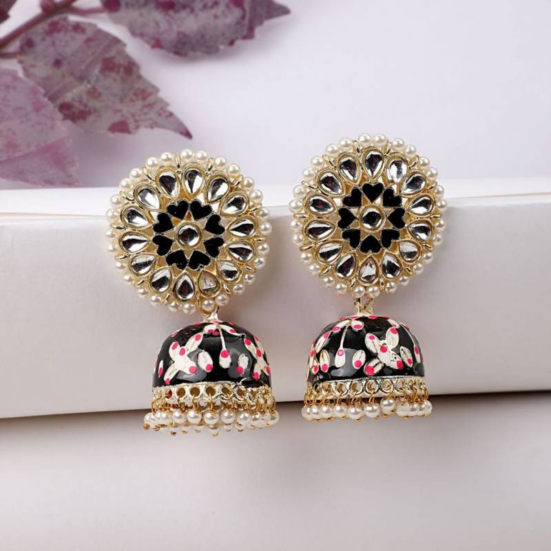 Enameled Black color Pearl studded Jhumka Earring