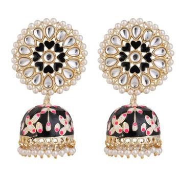 Enameled Black color Pearl studded Jhumka Earring 4