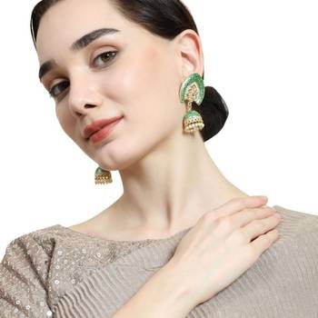 Enameled Green color Structured Stone Jhumka Earring 1