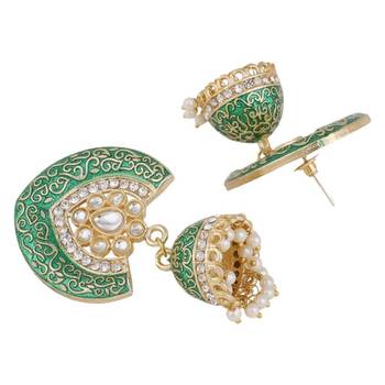 Enameled Green color Structured Stone Jhumka Earring 2