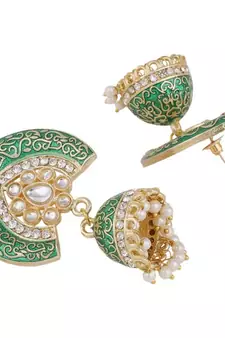 Enameled Green color Structured Stone Jhumka Earring